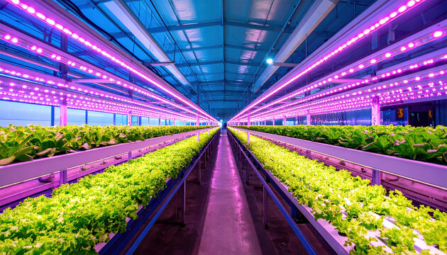 Hydroponic indoor vertical farm lettuce technology agriculture LED light modern rows of vibrant green lettuce growing high tech indoor vertical farm with purple LED lighting showcasing innovation
