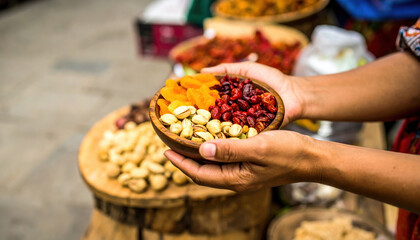Hand holding wooden bowl with dried apricot, pistachio, and red berries, showcasing healthy snack mix at outdoor market, vibrant and colorful, natural light, inviting and fresh