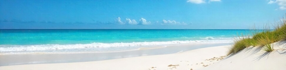 Fototapeta premium Serene coastal scene featuring pristine white sand, turquoise water, and gentle waves lapping the shore under a clear blue sky Perfect for travel, vacation, and summer themes , waves, scenic
