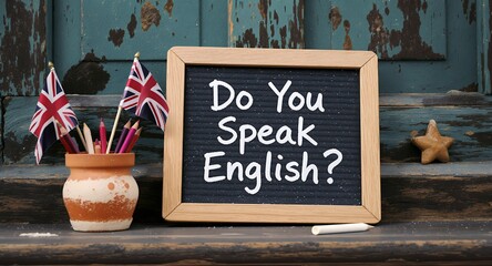 Letter board with English language learning concept, small flags and pencils in a pot, rustic wooden background.