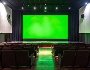 Empty movie theater interior with green screen