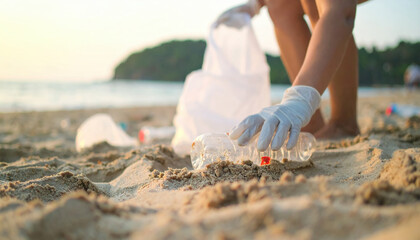 Person cleaning beach collecting plastic bottle waste with gloved hand environmental care sandy shore ocean in background eco friendly action summer pollution awareness