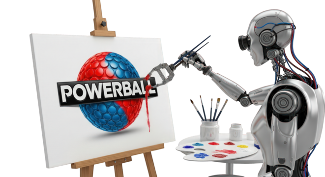 AI Robot Artist Painting Powerball Logo on Canvas, Generative Art Concept