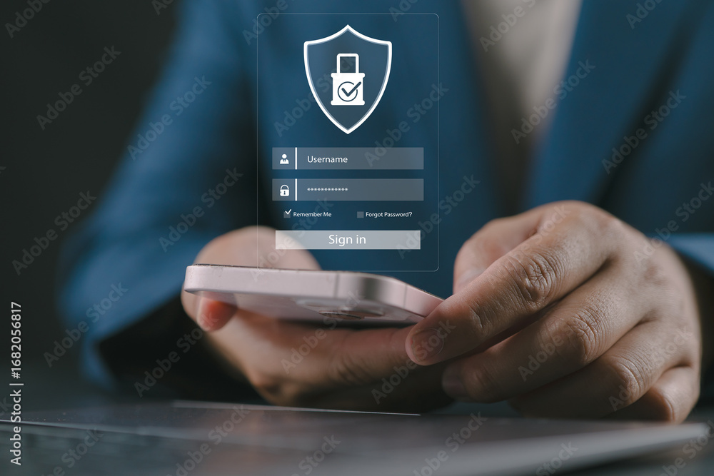 Fototapete secure mobile login interface with password and encryption. person sign in on smartphone for represe
