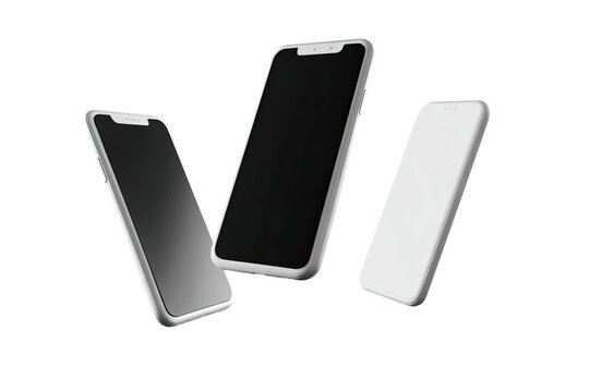 Three white smartphones in various angles, floating, angled view.  Black screens,  sleek design