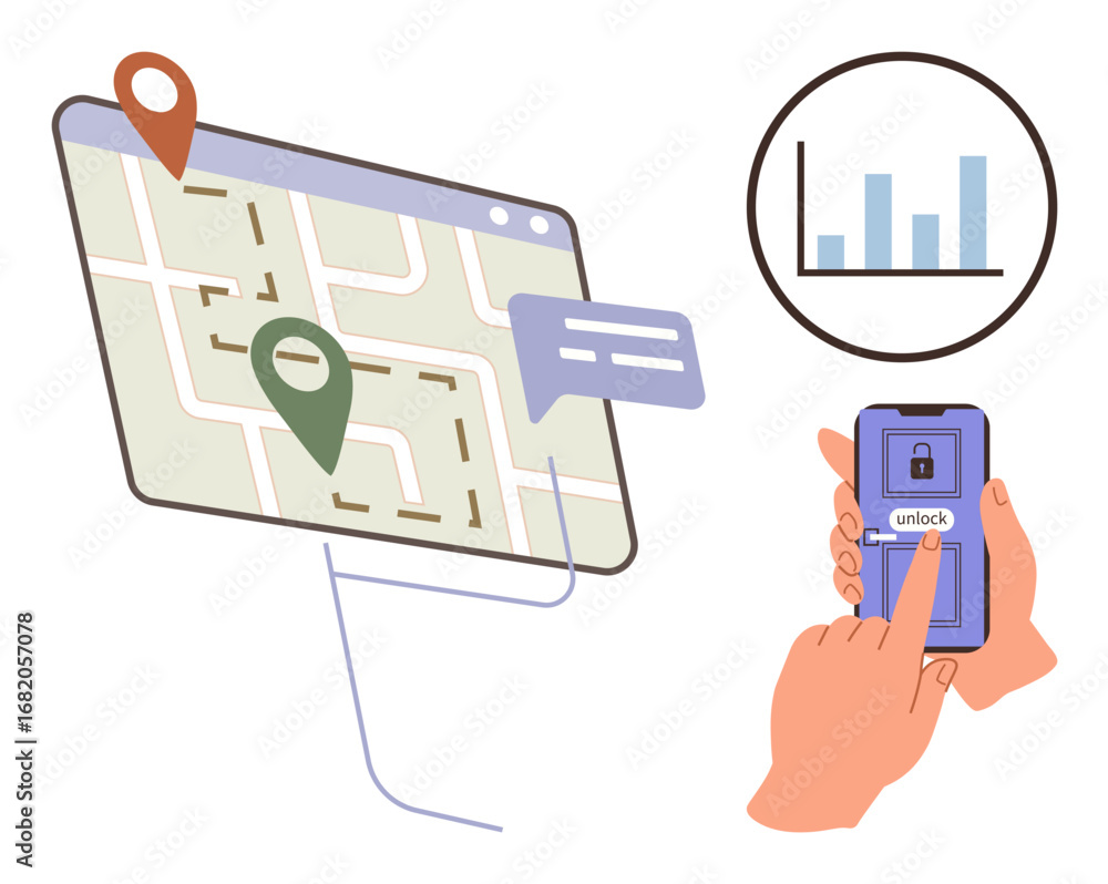 Aufkleber map interface with location pins, chart comparison, and hands unlocking a smartphone. ideal for tech