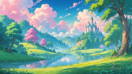 Anime fantasy scene with beautiful landscape with castle, trees,  river and magical pink sky