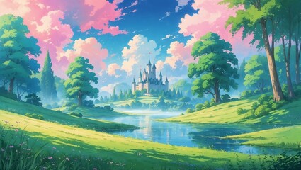 Anime fantasy scene with beautiful landscape with castle, trees,  river and magical pink sky