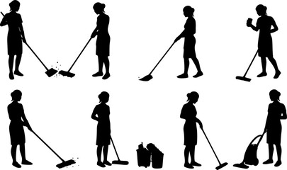 Naklejka premium set of Vector silhouette of a cleaning lady. 