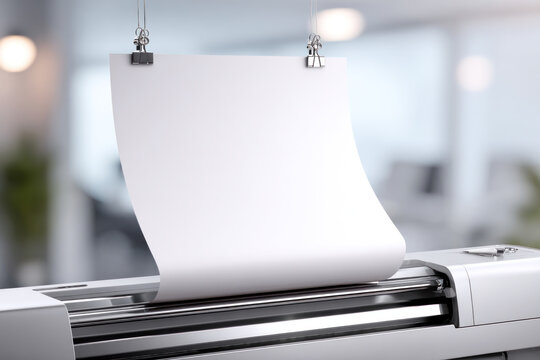 Blank sheet feeds from a modern printer, suspended above a clean office desk, ready for print output, highlighting the precise printing process.