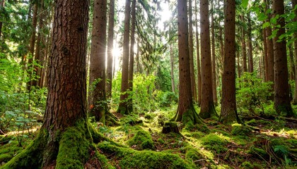 Fototapeta premium Sunlight streams through a dense forest (1)