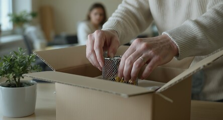 Obraz premium Packing supplies, person packing a box with office supplies, close up of hands packing a cardboard box