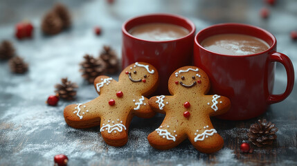 gingerbread couple cookie leaning on red coffee cup in warm Christmas setting tree lights background