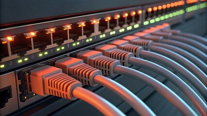 Obraz premium Network cables connected to a switch suitable for technology blogs, networking concepts, data management, it services, and hardware illustrations.