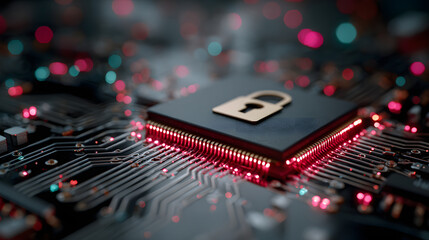 Internet security on magniied data chip in red blue lack pink neon background