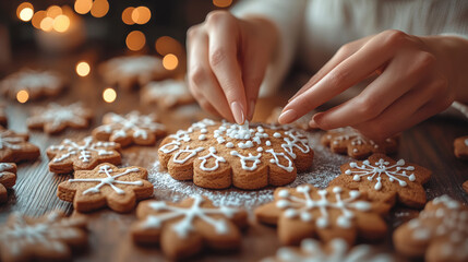 Close-up hand placing Christmas tree-shaped gingerbread cookie white icing among snowflake cookies. Surrounded ornaments pinecones wooden surface, using icing decorate