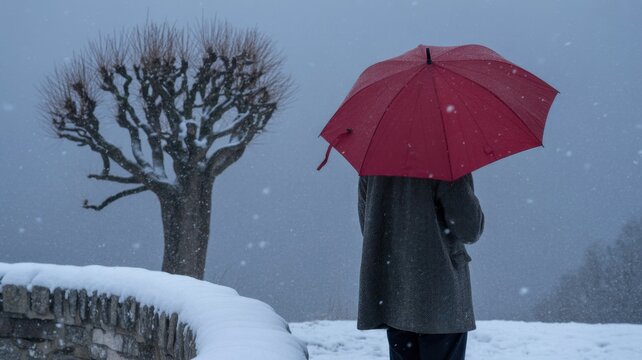 A solitary woman with a red umbrella stands in a snowy landscape, facing a bare tree during a cold winter day - Powered by Adobe