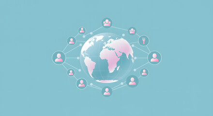 Global Network Connection Concept with Transparent Globe and Pink People Icons on Light Blue Background Illustrating Interconnectivity