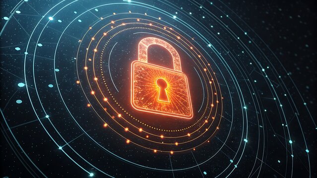 Bright orange padlock surrounded by concentric glowing digital circles can suit cybersecurity, data protection, technology concepts graphic design projects.