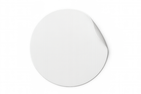 Round white sticker with curled corner, creating a blank customizable space on a transparent background