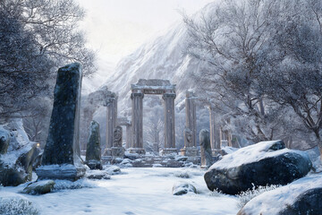 Ancient ruins covered in snow, a forgotten civilization