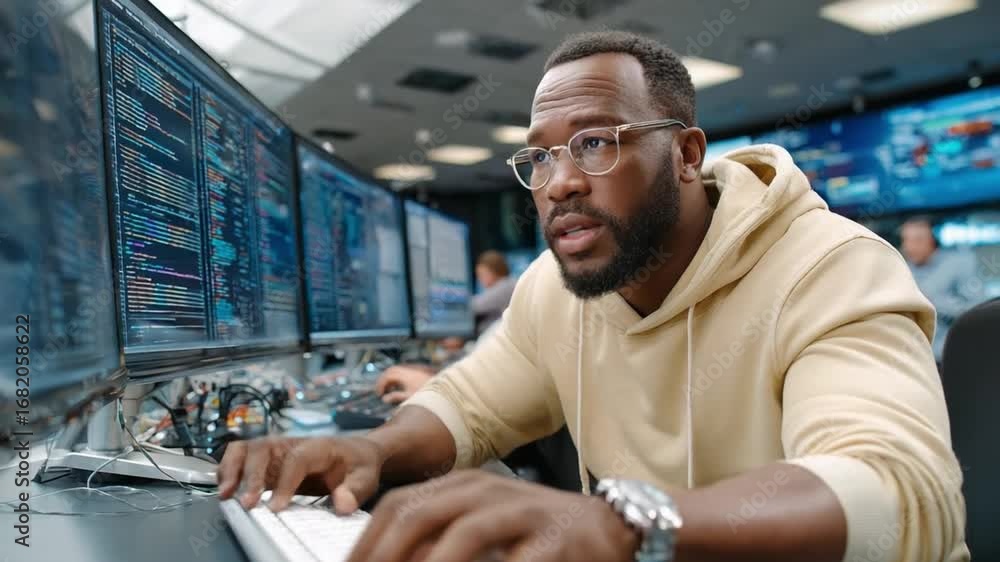 Aufkleber tech savvy pro: a focused professional, with glasses and smartwatch, engrossed in complex data analy