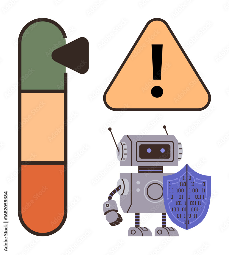 Leinwandbilder robot holding shield with binary code, risk level meter, and warning triangle for cyber threat detec