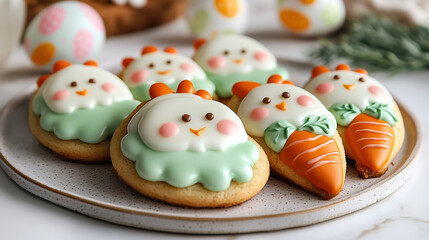 Cute Easter cookies decorated as chicks with carrots, pastries, gifts, poster, greetings, postcard, banner