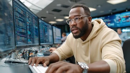 Tech Savvy Pro: A focused professional, with glasses and smartwatch, engrossed in complex data analysis on multiple computer monitors. - Powered by Adobe