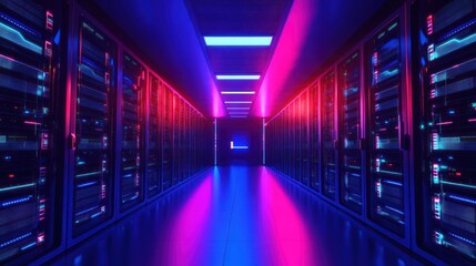 Fototapeta premium Neon Server Corridor: A Digital Oasis