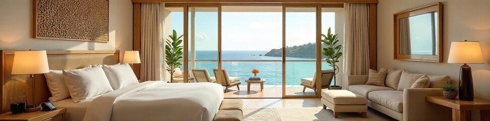 Obraz premium Luxurious honeymoon suite with ocean view, private balcony, and plush amenities Perfect for romantic getaways and celebrating newlywed bliss Enjoy unparalleled comfort and elegance , sky, vacation