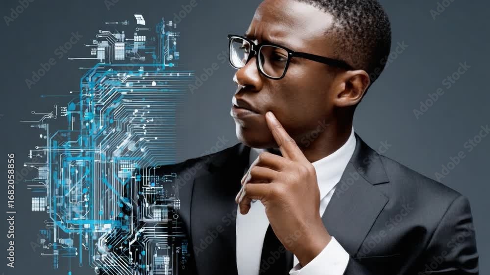 Poster visionary in the digital world: a striking shot of a tech-savvy individual contemplating the future.