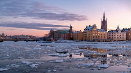 Fototapeta premium Beautiful winter sunset over stockholm, sweden with ice floating on the water and the citys architecture reflecting in the water