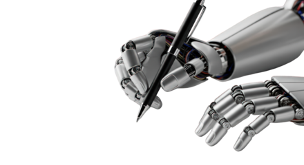 Robot hand writing with a pen on black background, AI, technology, concept