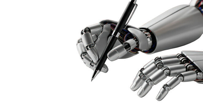 Robot hand writing with a pen on black background, AI, technology, concept