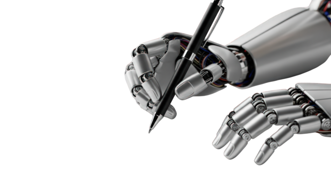 Robot hand writing with a pen on black background, AI, technology, concept