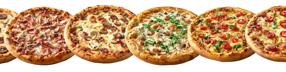 Variety of pizzas in a horizontal row (1)