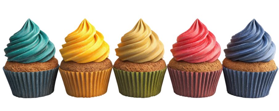 Row of colorful cupcakes with swirled frosting - Powered by Adobe