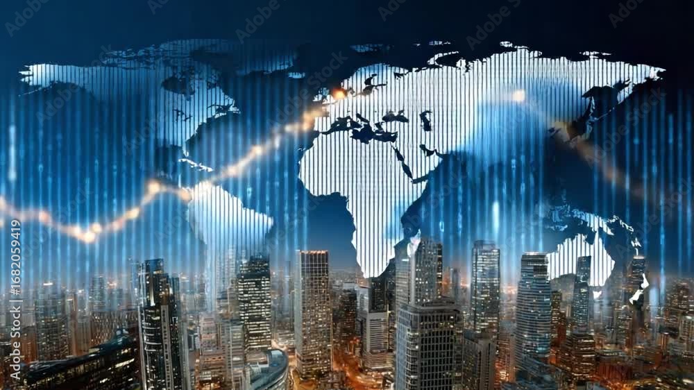 Poster global business: a panoramic cityscape, with towering skyscrapers at the base, overlaid by a shimmer