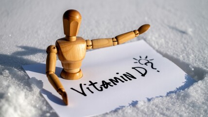 Vitamin d concept with wooden figure in snow, highlighting the importance of sunlight exposure for health and wellness
