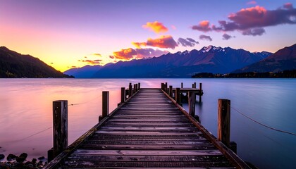 Fototapeta premium A tranquil wooden pier extends into a serene lake at sunset, framed by majestic mountains and a vibrant sky.