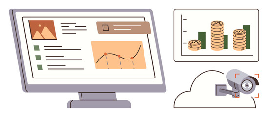 Computer screen displaying analytics dashboard with graphs, cloud graphics paired with a security camera, and bar chart stacked with coins. Ideal for data analysis, security, finance, monitoring