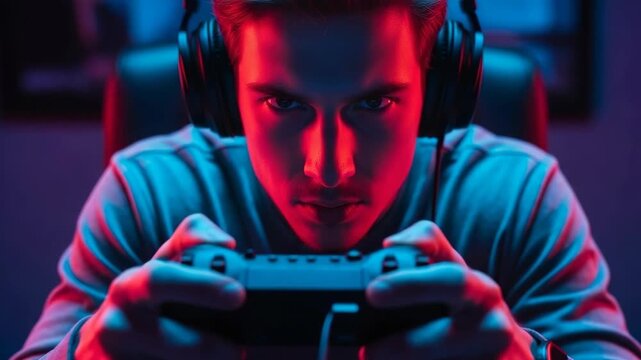 Focused gamer playing video game