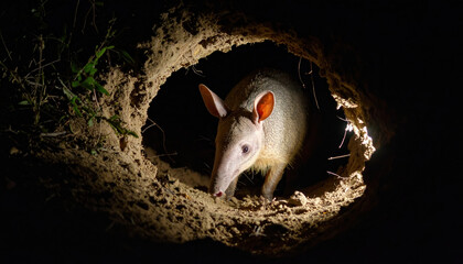 Nocturnal aardvark emerging from its burrow at night, illuminated by soft light, showing its long ears and snout in natural earthy environment