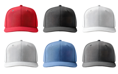Six baseball caps in various colors.  Flat lay, studio shot