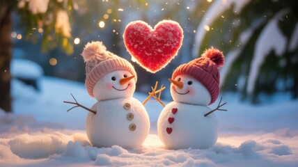 Two cute snowmen in love, celebrating winter holidays with a heart, creating a magical and romantic christmas scene