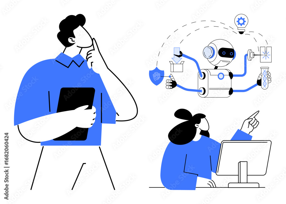 Aufkleber man thinking with tablet, robot managing tasks with icons, woman and colleague pointing at computer 