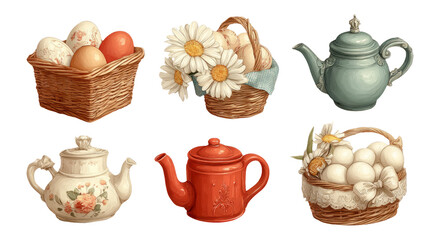 Vintage Easter Decor with Baskets, Flowers, and Teapots on Transparent Background