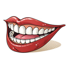 Obraz premium A cartoon illustration of a wide open mouth with red lips and healthy white teeth on a black background