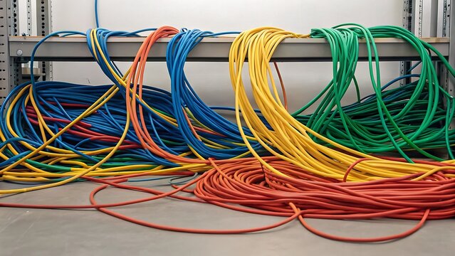 Variety of colorful cables on metallic shelf. Perfect for technology blogs, social media graphics, website backgrounds, or techrelated articles.